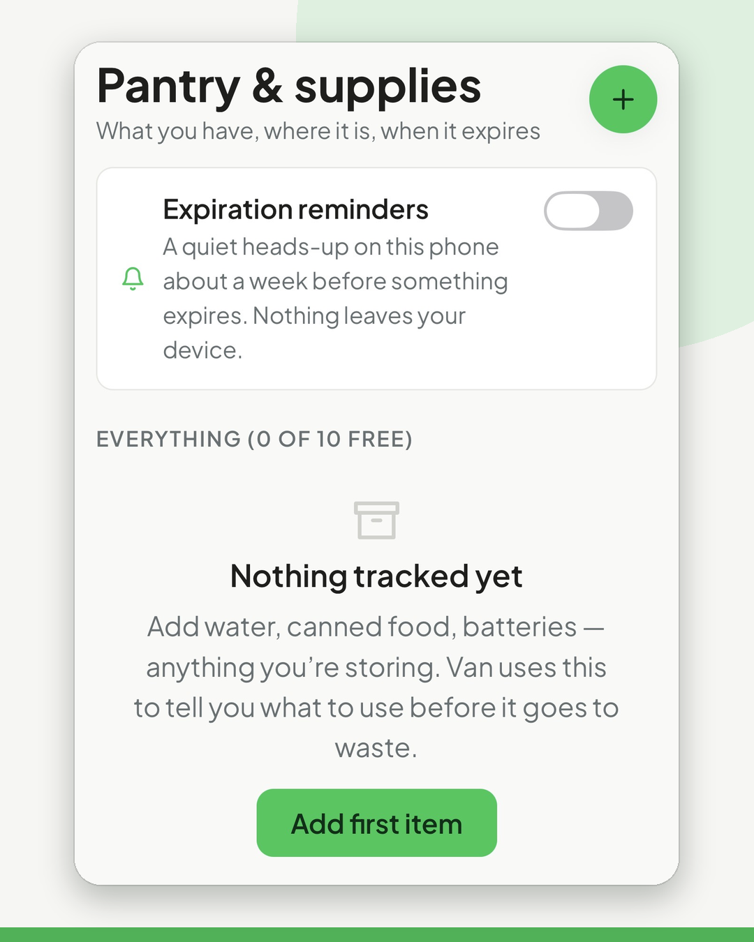 PowerON with Van app Pantry and Supplies screen showing that reminders never leave the phone
